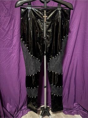 Killstar Black Patent Vinyl pants with cross zipper